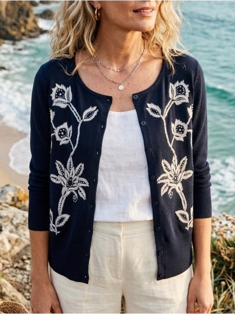 LOFT Ann Taylor Sz M Embroidered Navy Blue Floral Coastal Cardigan Sweater